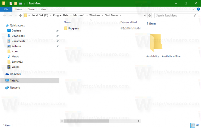 תיקיית תפריט התחל של Windows 10 נפוצה