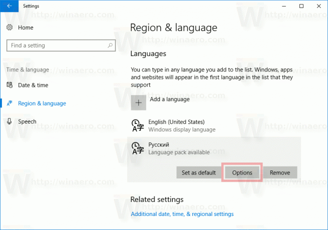 Bouton Options de la liste des langues de Windows 10