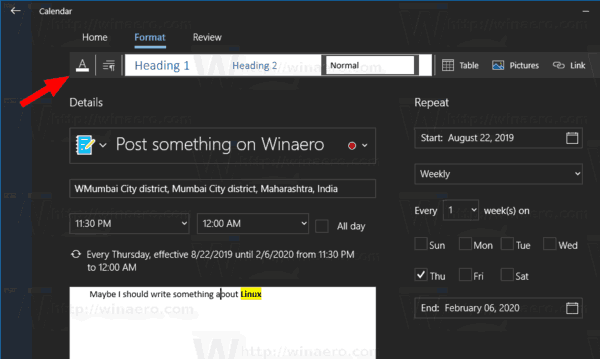Aplikacija koledar Windows 10 Pogovorno okno Nov dogodek 9