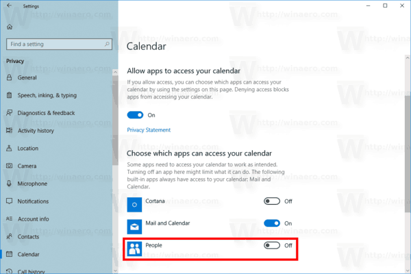 Windows10は個々のアプリのカレンダーアクセスを無効にします