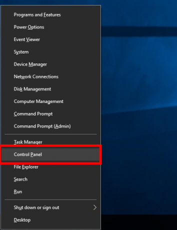 Panel sterowania menu Windows 10 win + x