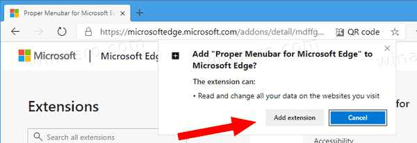 Edge 적절한 메뉴 모음 확장 설치 확인
