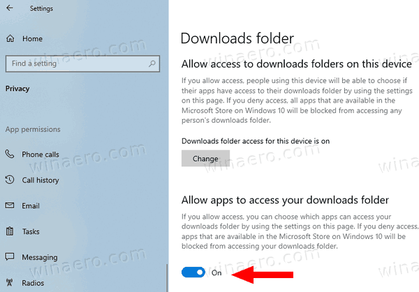 Windows 10は、現在のユーザーのダウンロードフォルダーへのアプリアクセスを拒否することを許可します