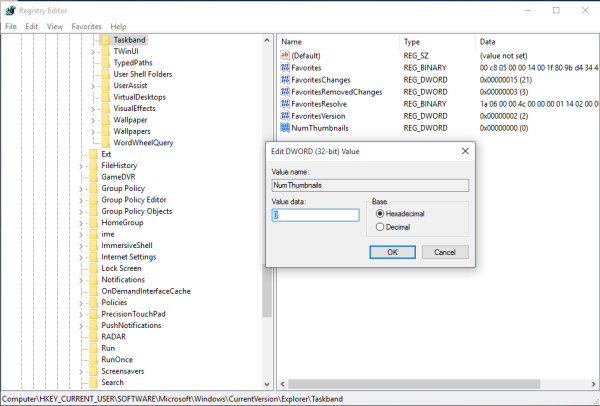 deaktiver oppgavelinjen forhåndsvisningsminiatyrer i Windows 10