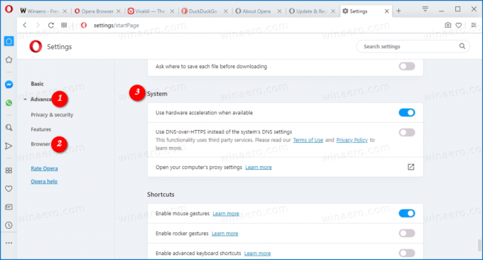 Opera قم بتمكين DNS Over HTTPS الخطوة 1