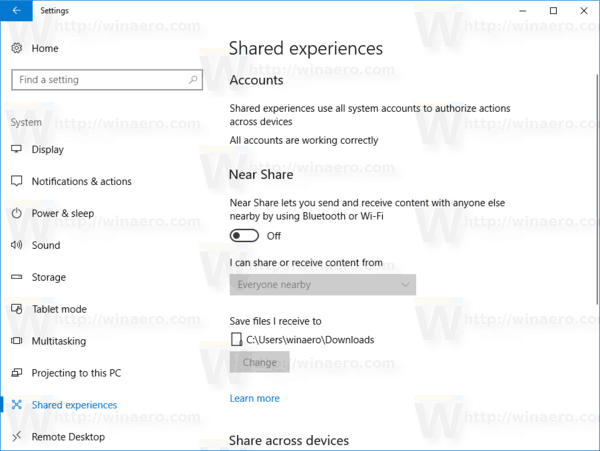 Impostazioni di Windows 10 Esperienze condivise