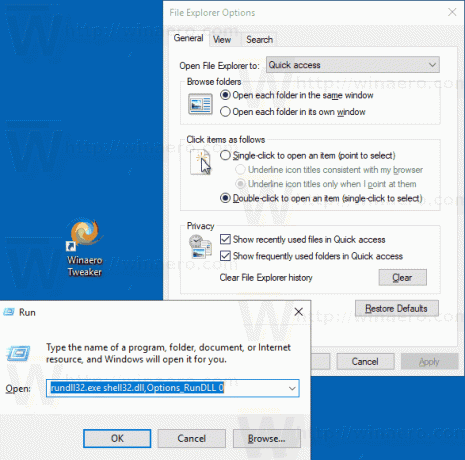 אפשרויות תיקיה של Windows 10 Rundll32