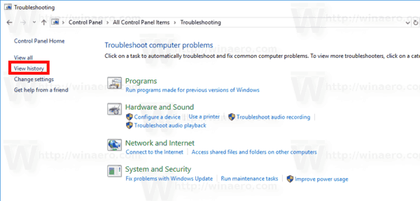 Σύνδεσμος ιστορικού αντιμετώπισης προβλημάτων των Windows 10
