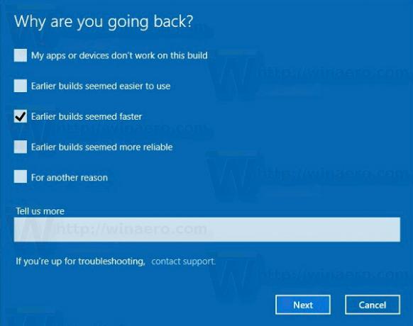 Finestra di dialogo Motivo dell'aggiornamento di Windows 10 Creators disinstallare