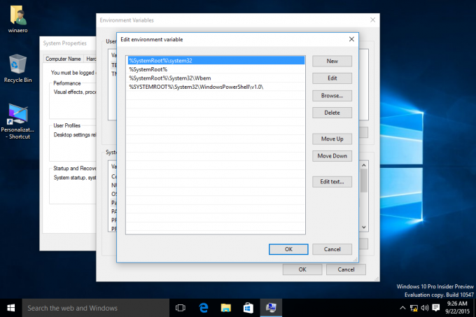 Edição de variáveis ​​de ambiente do Windows 10 selecionada