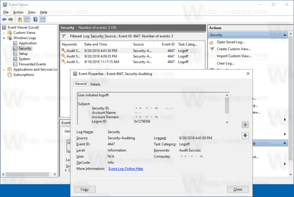 Dziennik zdarzeń systemu Windows 10 filtrowany przez wylogowanie