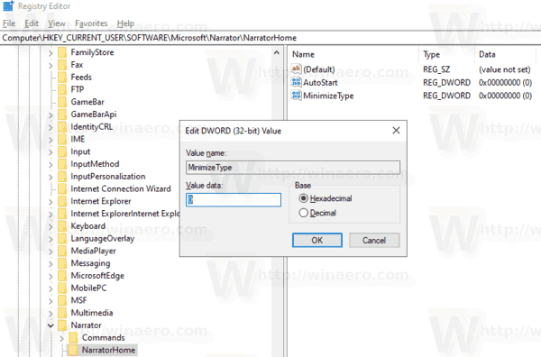 Windows 10 Narator Home Минимизиране до настройка на системния регистър