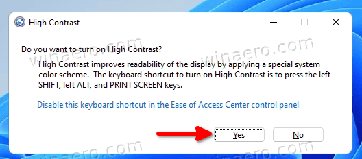 Įjunkite didelio kontrasto režimą sparčiuoju klavišu