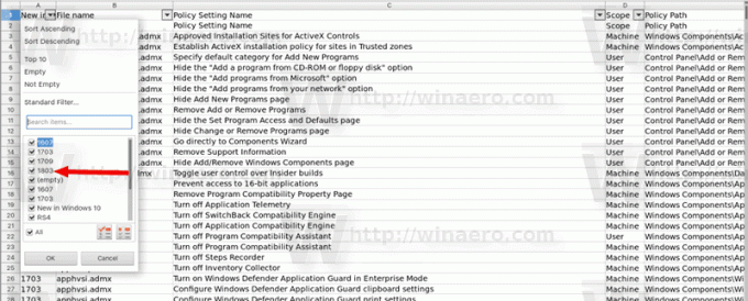 Windows 10 wersja 1803 Zasady grupy Xlsx