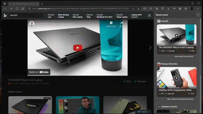 Edge odpre videoposnetke YouTube, vdelane v Bing