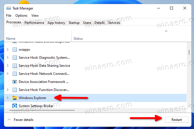 Restartējiet programmu Explorer, lai operētājsistēmā Windows 11 no īsinājumtaustiņiem noņemtu saīsnes bultiņu