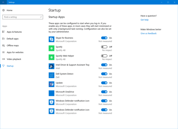 Seite mit den Starteinstellungen von Windows 10
