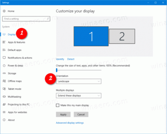 Option d'orientation de l'affichage de Windows 10