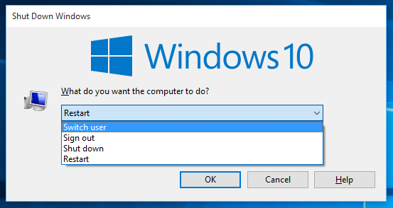 „Windows 10“ išjungimo dialogo jungiklio vartotojas