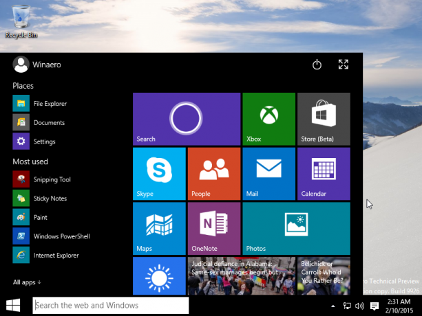 Käynnistä-valikko työpöytätilan Windows 10