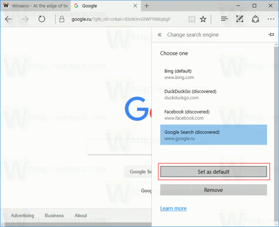 Edge დააყენეთ Google როგორც ნაგულისხმევი საძიებო სისტემა