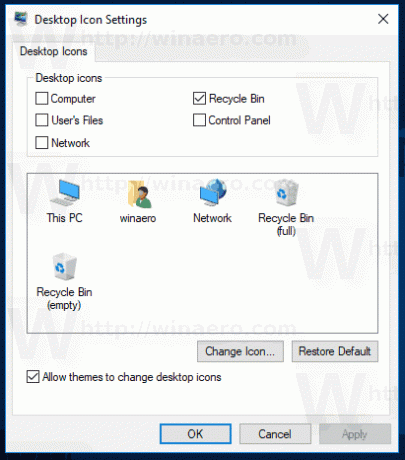 Klasikinių piktogramų dialogo langas „Windows 10“.