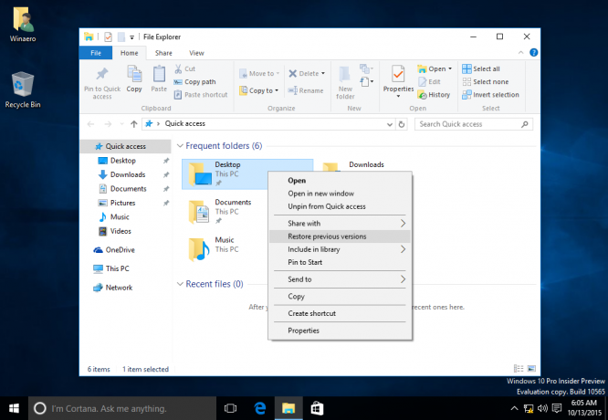 Kontextová nabídka Windows 10 sestavení 10565