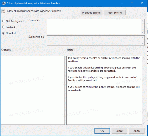 מדיניות קבוצתית של שיתוף לוח של ארגז חול של Windows 10