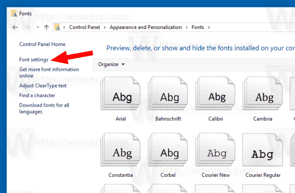 Windows 10 fontu iestatījumu saite