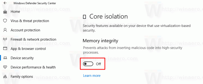 Aktiver Core Isolation Memory Integrity i Windows 10 