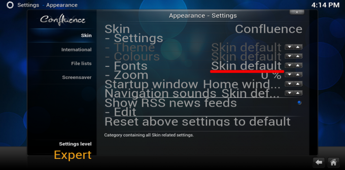 configuração padrão do skin kodi