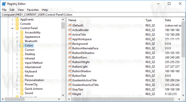 Ключ за цветове на системния регистър Windows 10
