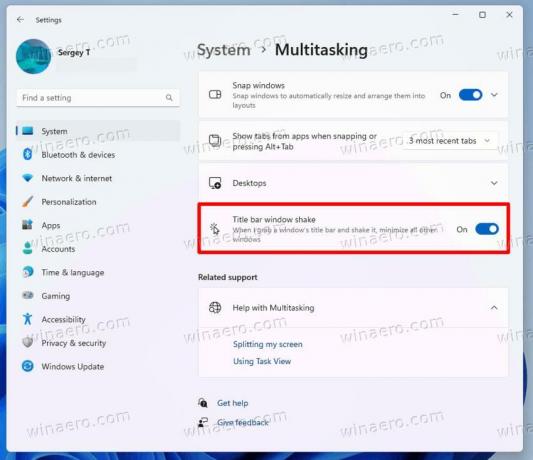Windows 11 Povolit minimalizaci Shake Window