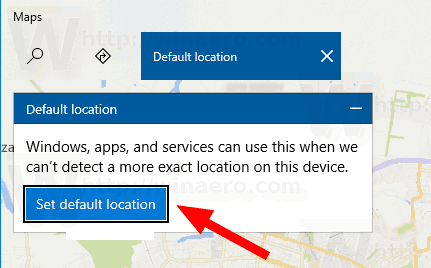 Butonul pentru setarea locației implicite pentru hărți Windows 10