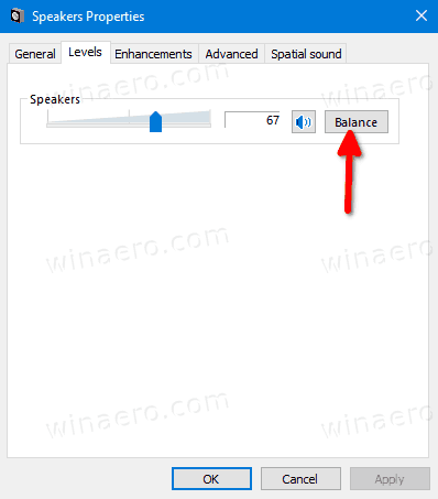 Windows 10 Classic ljudenhetsegenskaper Nivåer Tab Balansknapp