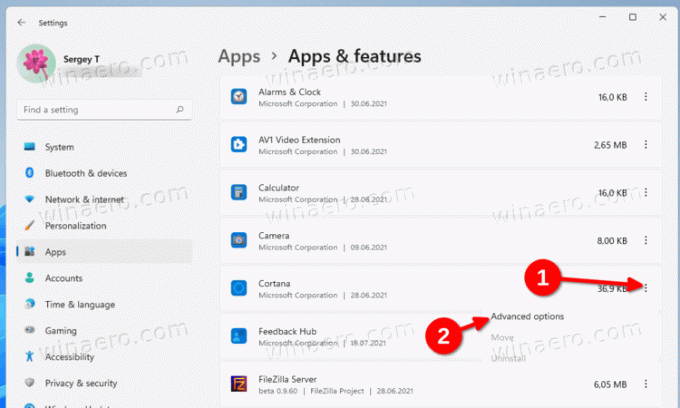 Item de menu de opções avançadas do aplicativo nas configurações