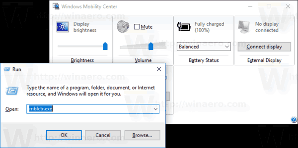 Ανοίξτε το Mobility Center Windows 10 Run