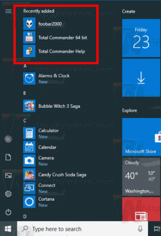 Windows 10 hiljuti lisatud rakendused menüüs Start