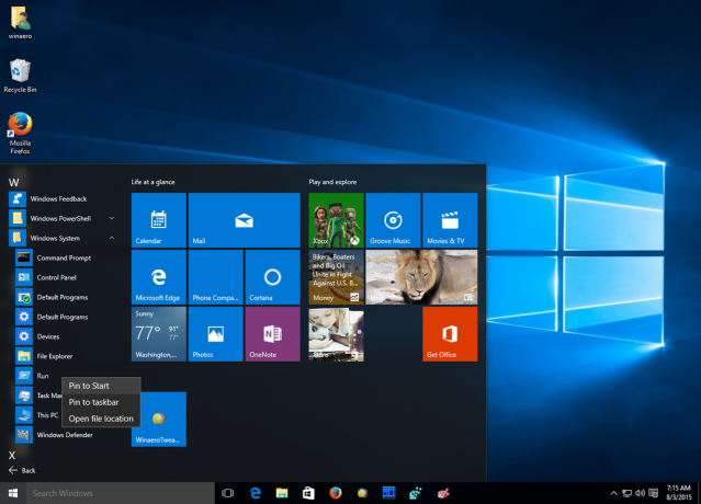 Windows 10 قم بتشغيل الدبوس للبدء