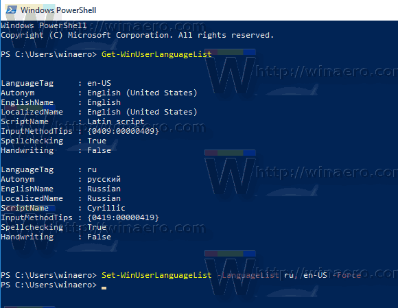 Windows 10 Встановити розкладку клавіатури за замовчуванням за допомогою PowerShell