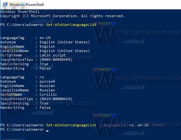 Windows 10 Állítsa be az alapértelmezett billentyűzetkiosztást a PowerShell segítségével