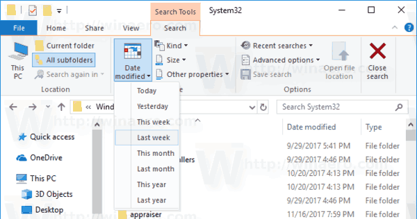 File Explorer izmijenjeni datum padajućeg izbornika za pretraživanje