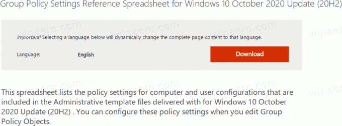 Windows 10 अक्टूबर 2020 अपडेट के लिए नीति सेटिंग संदर्भ स्प्रेडशीट