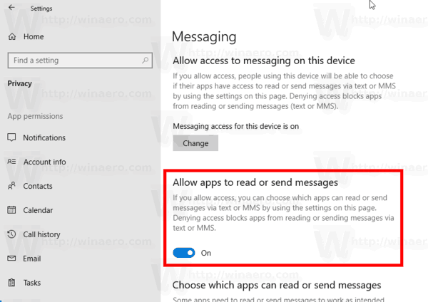 Windows10でメッセージングへのアプリアクセスを無効にする