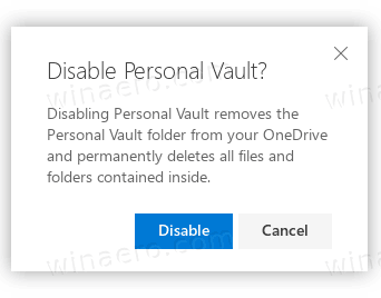 OneDrive conferma Disattiva Cassaforte personale