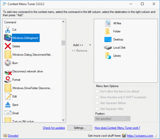 Kontekstni meni Tuner Defrag Command