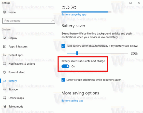 Batterisparefunktion aktiveret i indstillinger i Windows 10
