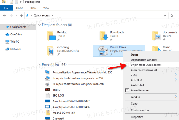 Windows 10 Zuletzt verwendete Elemente im Ordner für den Schnellzugriff entpinnen