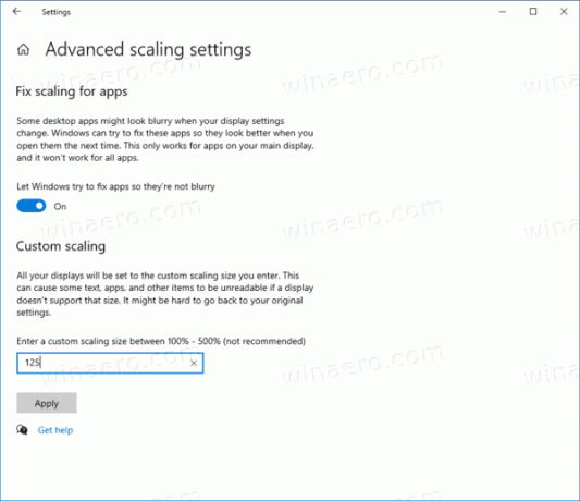 Пользовательский уровень масштабирования дисплея Windows 10