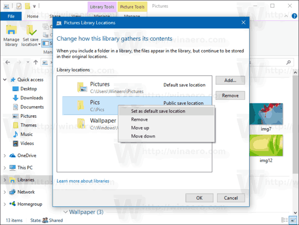 Windows 10 Управление библиотекой Установить расположение по умолчанию